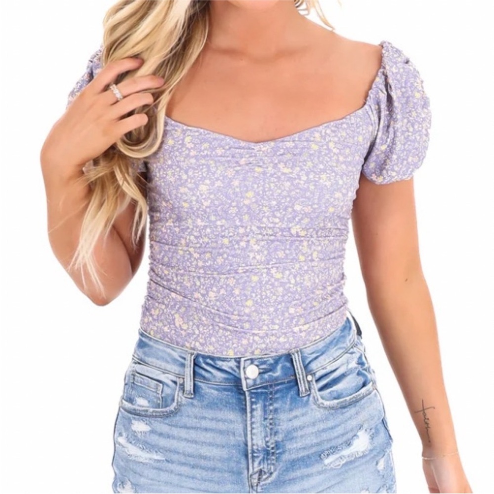 Free People Intimately Floral Puff Sleeve Bodysuit - Purple